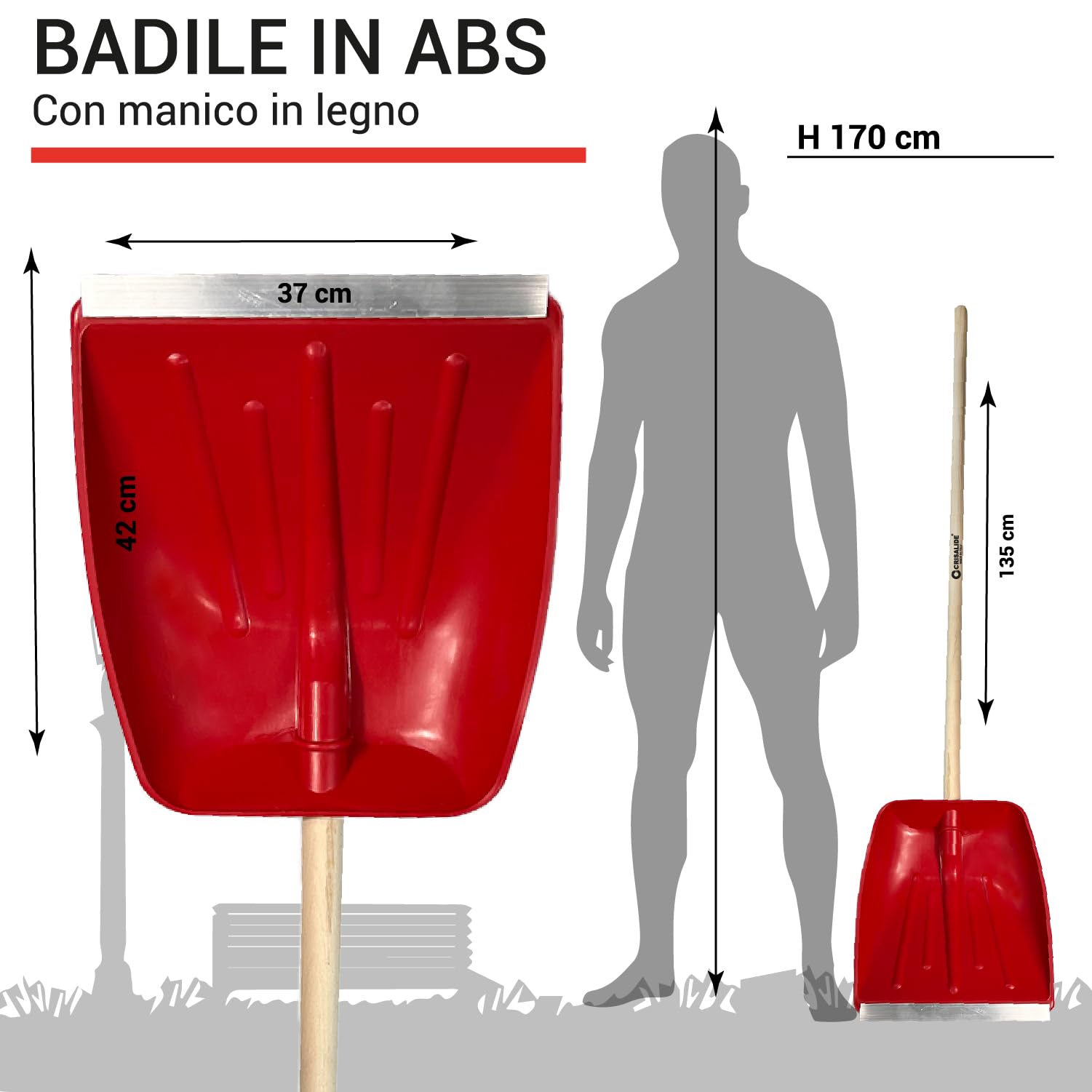 Crisalide® - Baie professionnelle en ABS, extrémités renforcées en aluminium anti-choc, 42 x 37 cm, poignée 135 cm, polyvalente pour usage agricole, jardinage et construction, pelle ergonomique