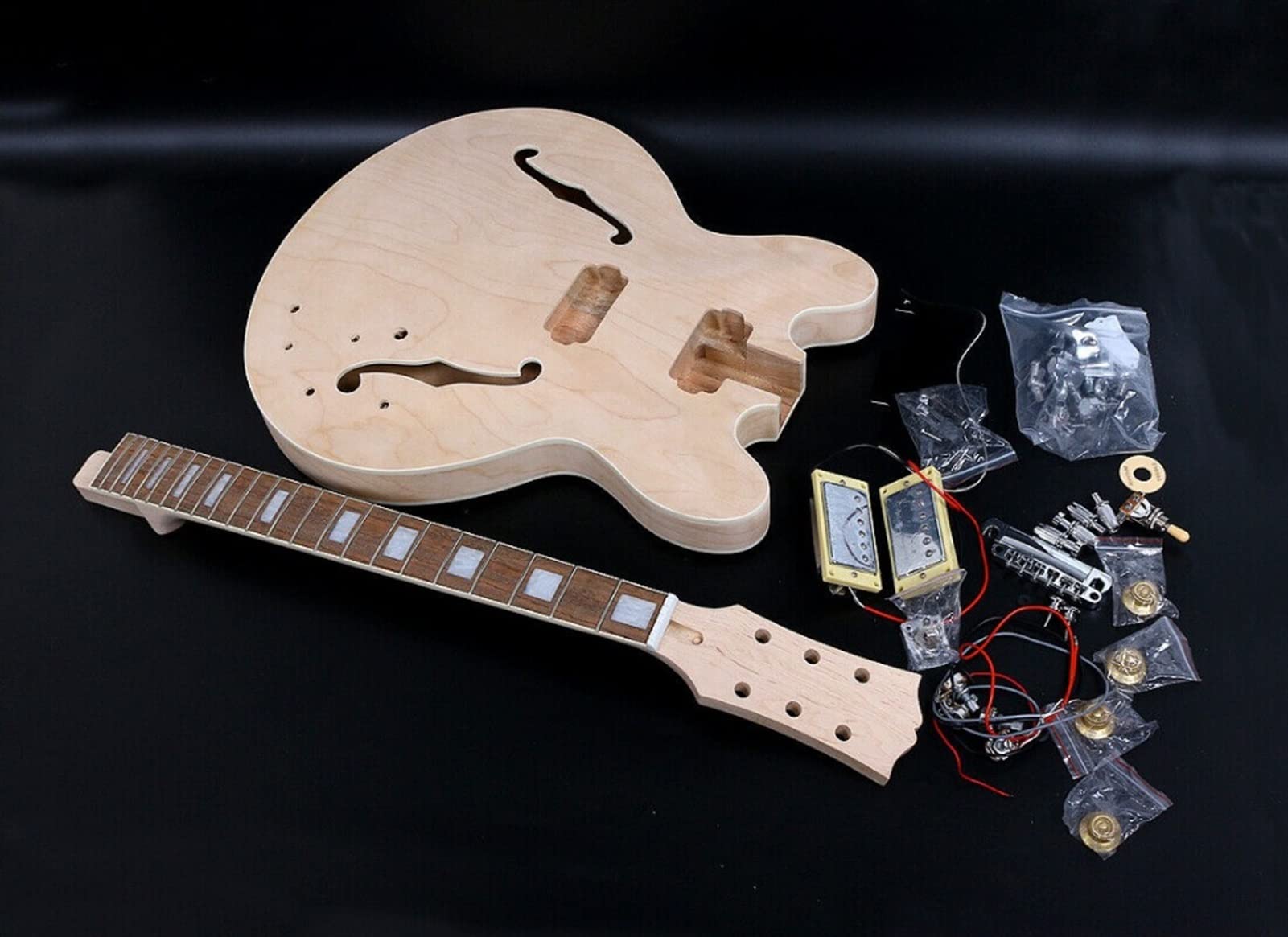 FLFL Niedokończony Zestaw Gitary Elektrycznej Klonowa Szyja Gitara I Ciało Gitarowe Majsterkowanie Hollow Gitara Elektryczna Niedokończony zestaw gitarowy
