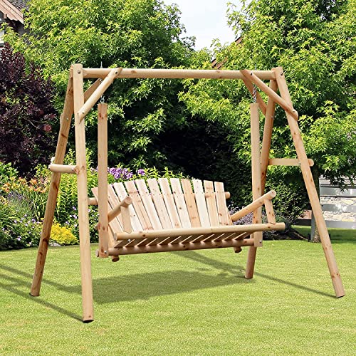 Niamvelo 2-Seat Porch Swing With Stand, Log Porch Swing,Wooden Patio Swing Chair Bench, Bench Swing With Hanging Chains, Heavy Duty 650 Lbs, For Yard Patio Garden,Natural #TOP3