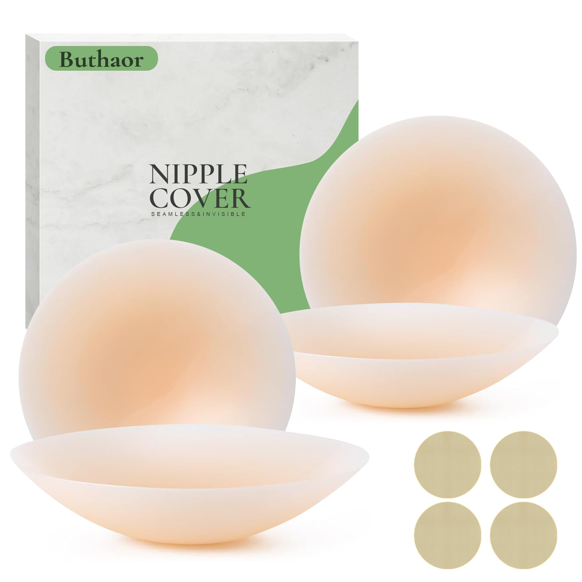 Buthaor Women's Nude 2 Pairs Silicone Nipple Covers For Reusable Adhesive Pasties - Invisible Waterproof Seamless Sticky Bra