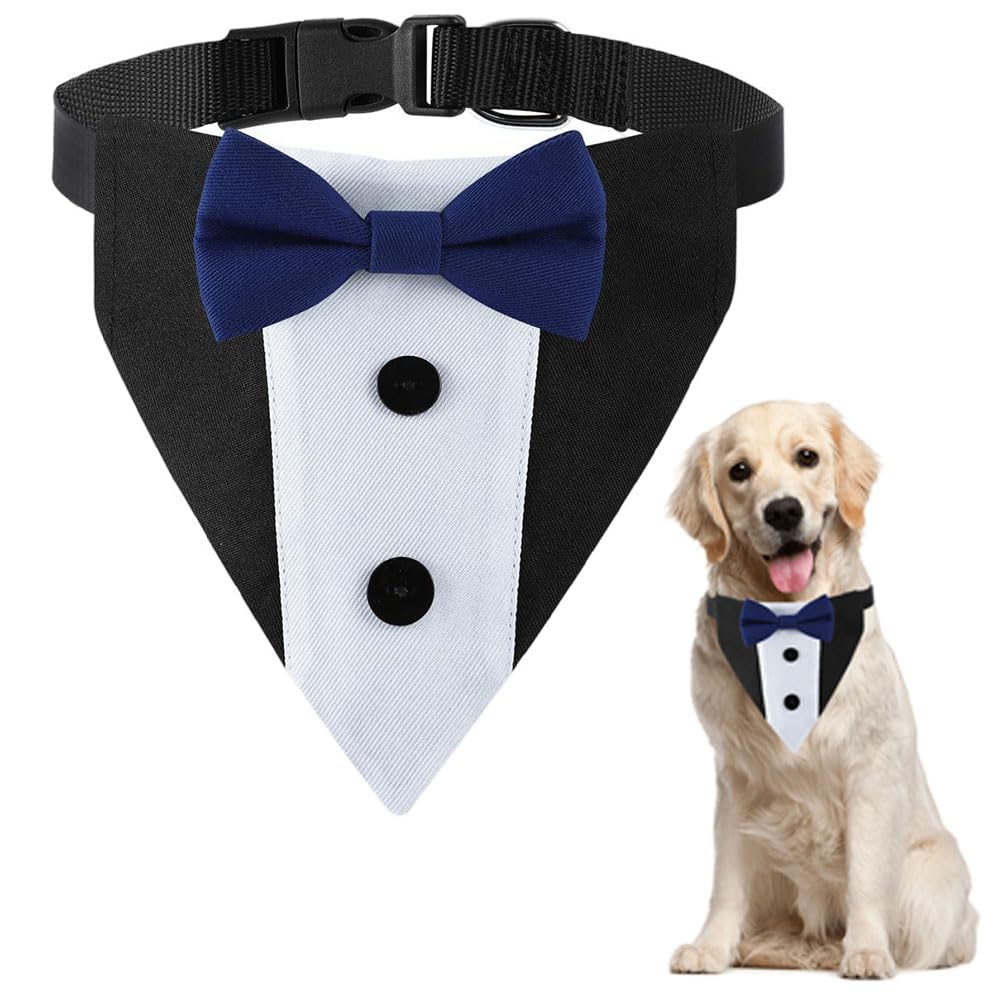 Dog Tuxedo Collar, Tux Suit Dog Wedding Outfit Bandana with Bow Tie Collars for Small Medium Large Pet Dogs, Blue M
