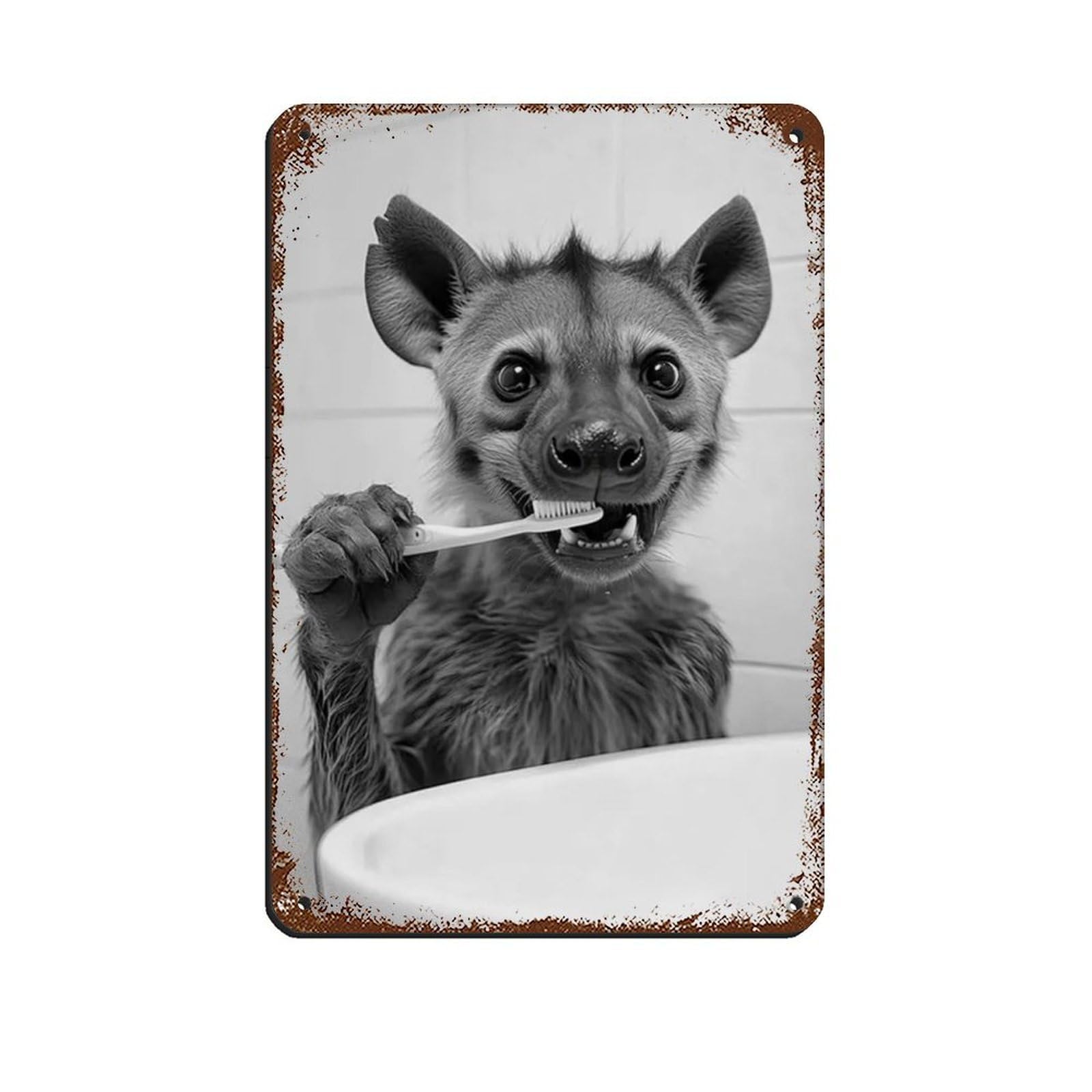 Hyena Brushing Teeth, Funny Bathroom Art Retro Poster Metal Tin Sign Chic Art Retro Iron Painting Bar People Cave Cafe Family Garage Poster Wall Decoration 8x12inch(20x30cm)