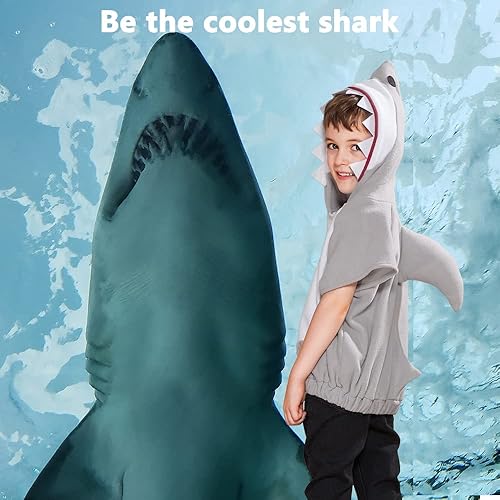 Miniatura 4 de EraSpooky Sudadera corta con capucha de tiburón para niños, disfraz de tiburón para Halloween, traje de animal de manga corta