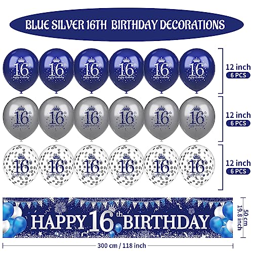 Image of Blue Silver 16th Birthday Banner and Balloons for Indoor /Outdoor Parties