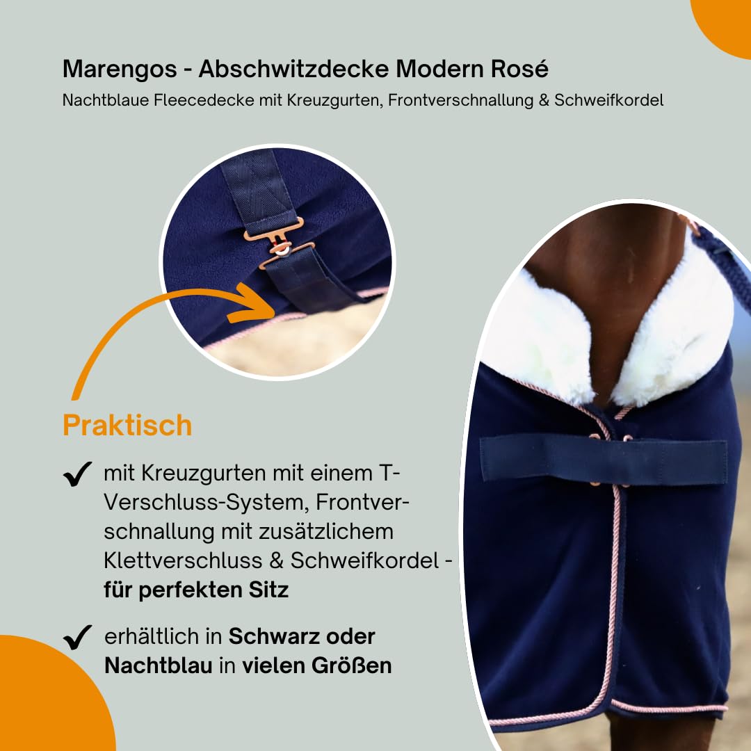 Marengos - Abschwitzdecke Modern Rosé | Fleecedecke m. Kreuzgurten, Frontverschnallung, Schweifkordel & roségoldenen Verzierungen | atmungsaktive Pferdedecke | Pferde Zubehör in Nachtblau | 135 cm | Fleecedecke mit Kreuzgurten, Frontverschnallung, Schweif