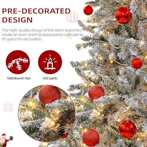 Image of Flocked 7.5 ft Slim Pre-lit Christmas Tree with Warm White Lights, Foldable Metal Stand, Easy Assembly Artificial Tree for Home, Office Decoration