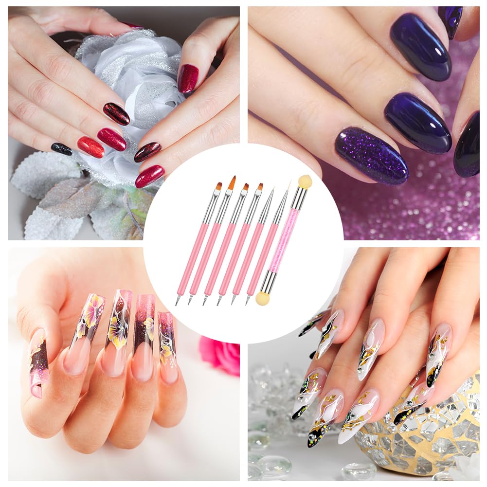 Pinceles para Uñas Double Head 6 Piezas con Cepillo Esponja, Herramienta de Manicura para Pintura y Dibujo Fino, Negro