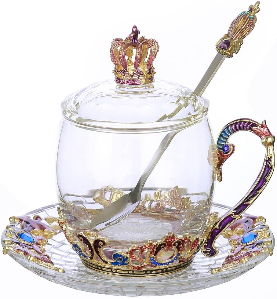 Glass Tea Cup with Lid Crown Coffee Mug with Spoon Fancy Tea Cup Antique Gifts for Women Mother's Day Birthday Valentines Day Gift(11oz Crown)
