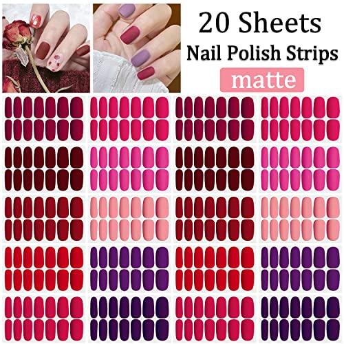 Silpecwee Matte Nail Wraps For Women Solid Color Red Nail Polish Strips Self Adhesive Nail Sticker Polish Gel Nail Strips Fingernails Accessories With 1Pc Nail File (20 Sheets ) #TOP1