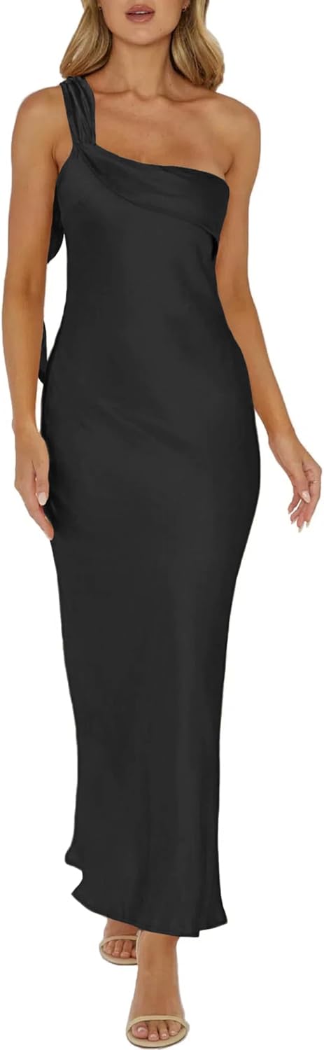 2025 Satin One Shoulder Maxi Dress for Women Summer Silk Formal Elegant Backless Ruffle Sleeveless Wedding Guest Dresses