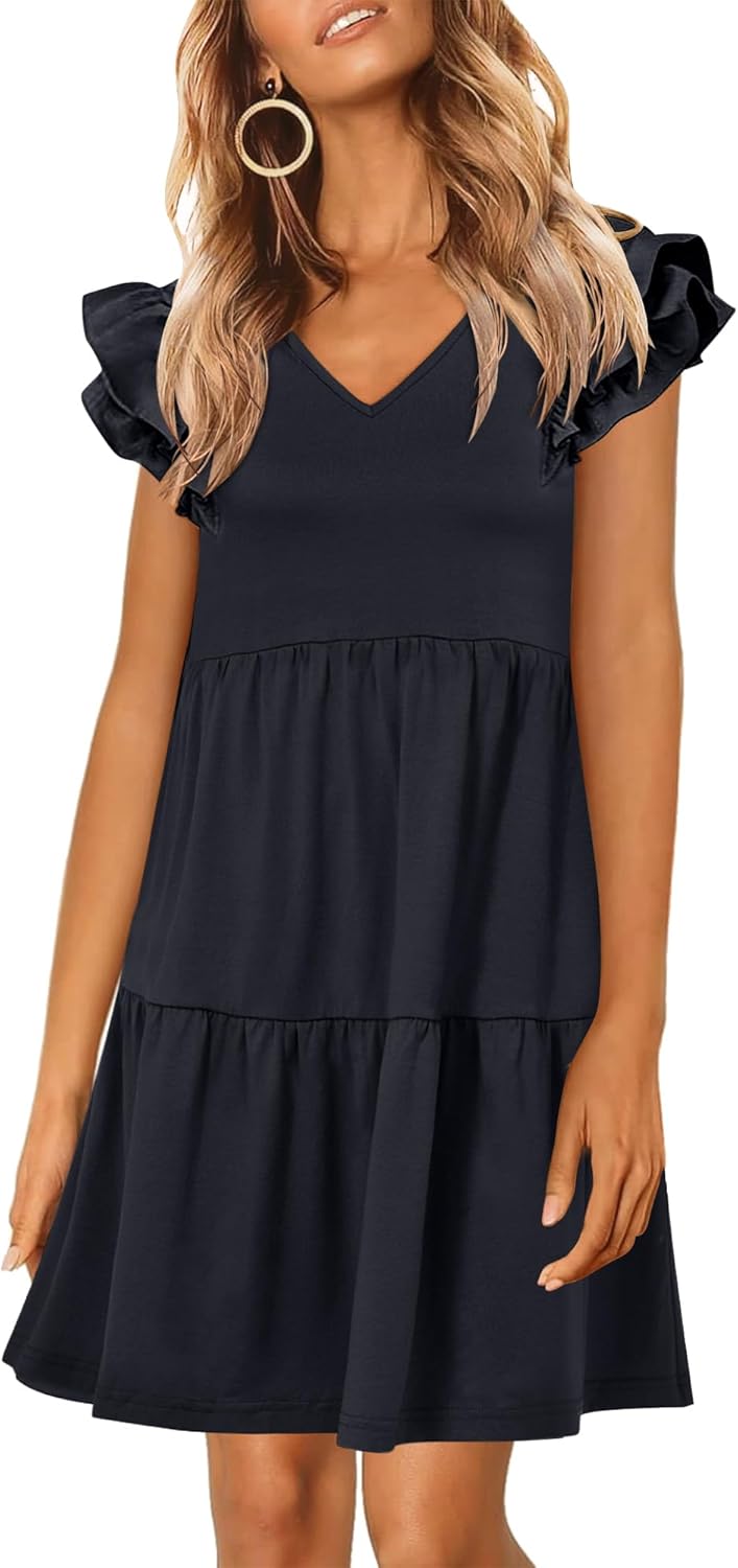 ANRABESS Womens Summer Ruffle Cap Sleeve Mini Dress 2025 Spring Swing V Neck Vacation Beach Cute Babydoll Short Sundress