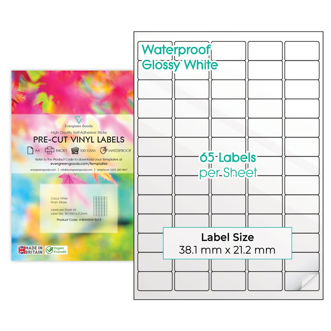 PreCut Printable Vinyl Multi Sticker Labels A4 (5x13 (65 per Sheet), 100 Sheets) | Glossy White Waterproof Labels - 9 Size Variations - Inkjet & Laser Compatible | Labels Stickers A4 Sheet โ image 1