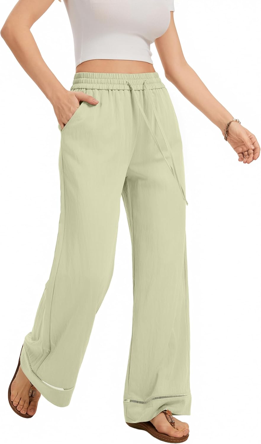 Casual Loose Pants Women's Summer Elastic Drawstring Waisted Cropped Trousers Light Green - Image 4