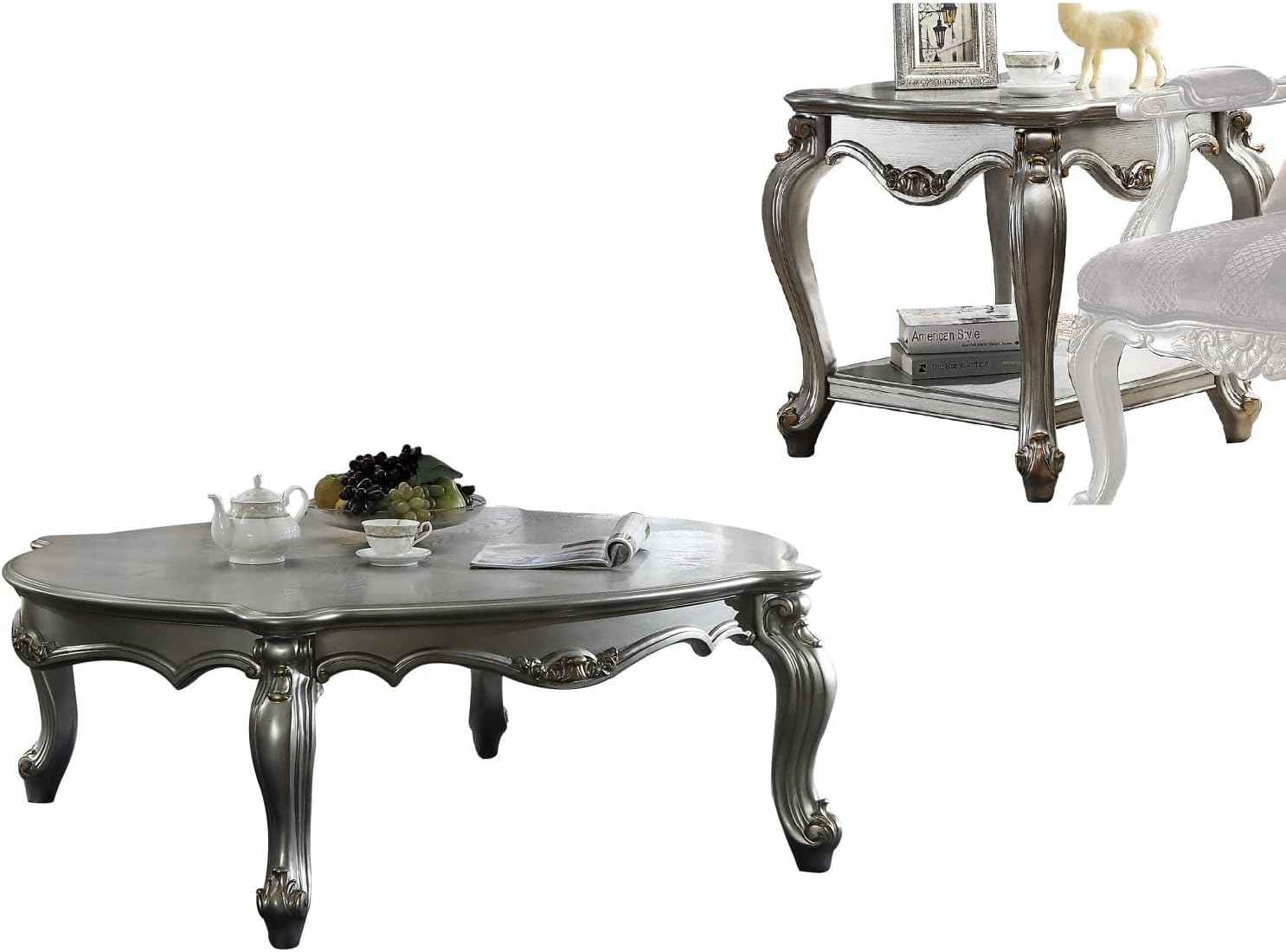 Acme Picardy Suqare Wooden End Table in Antique Platinum and Gray