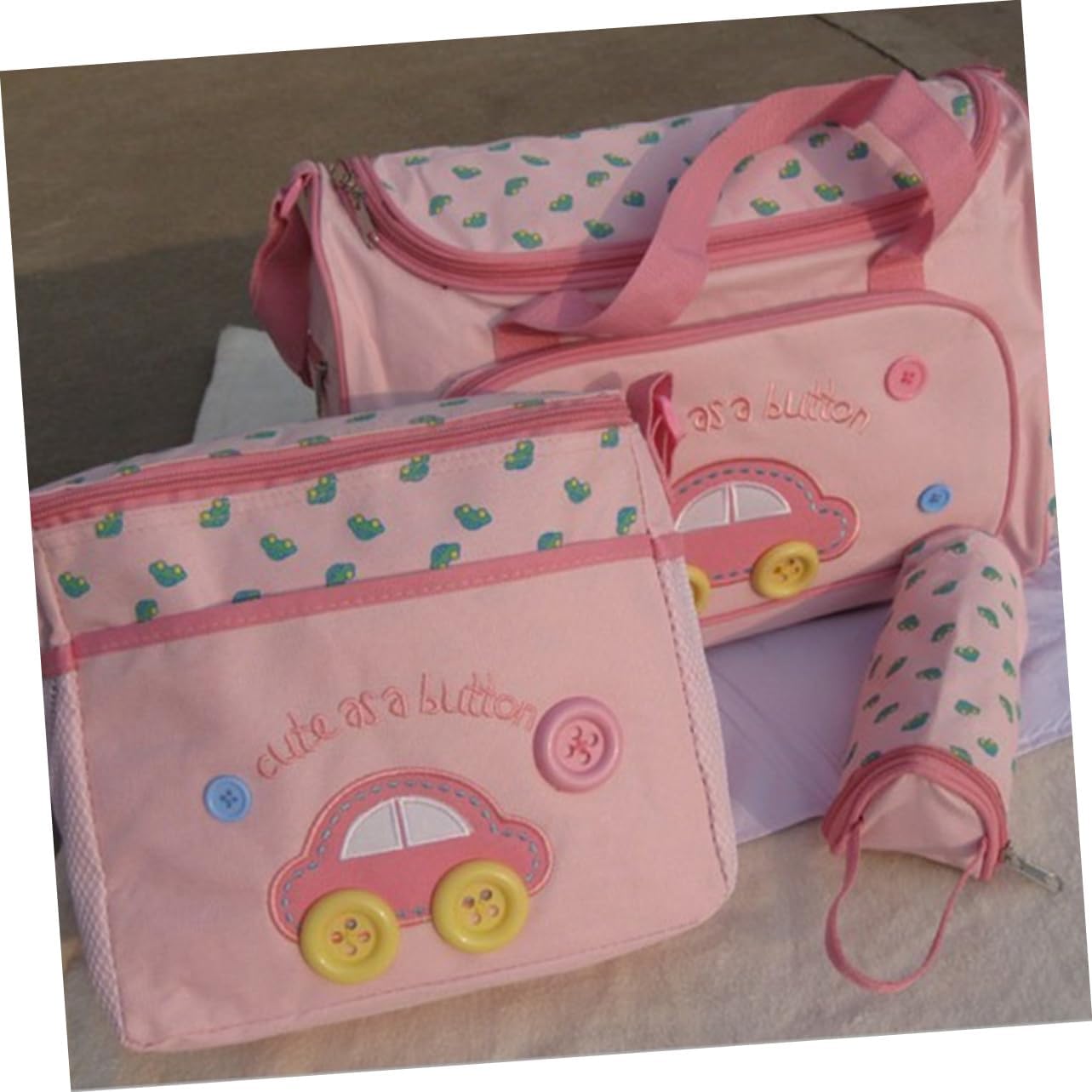 ibasenice Multi-function Diaper Bag Set Large Capacity Travel Mummy Tote Changing Pad Feeding Bottle Bag Stylish Pink Car Pattern for Parents The Go