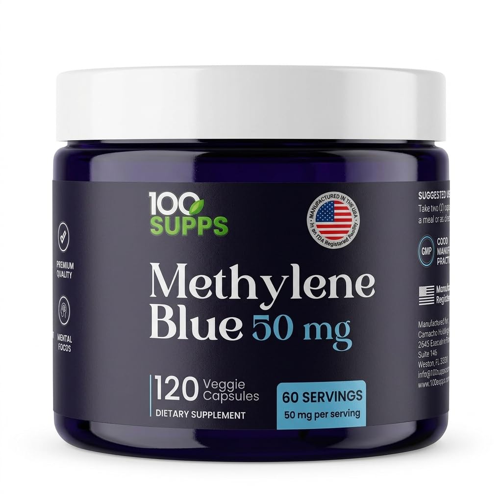 Methylene Blue Capsules 50 mg, 120 Veggie Capsules, 60 Servings, Pre-Measured Daily Capsule Format, Third-Party Tested, Manufactured in USA