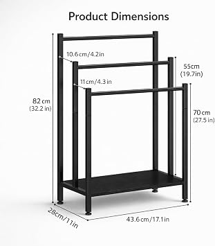 Free Standing Towel Rail, 3-tier Towel Rack with Storage Shelf, Towel Drying Stand for Bathroom Organizer Storage, Black
