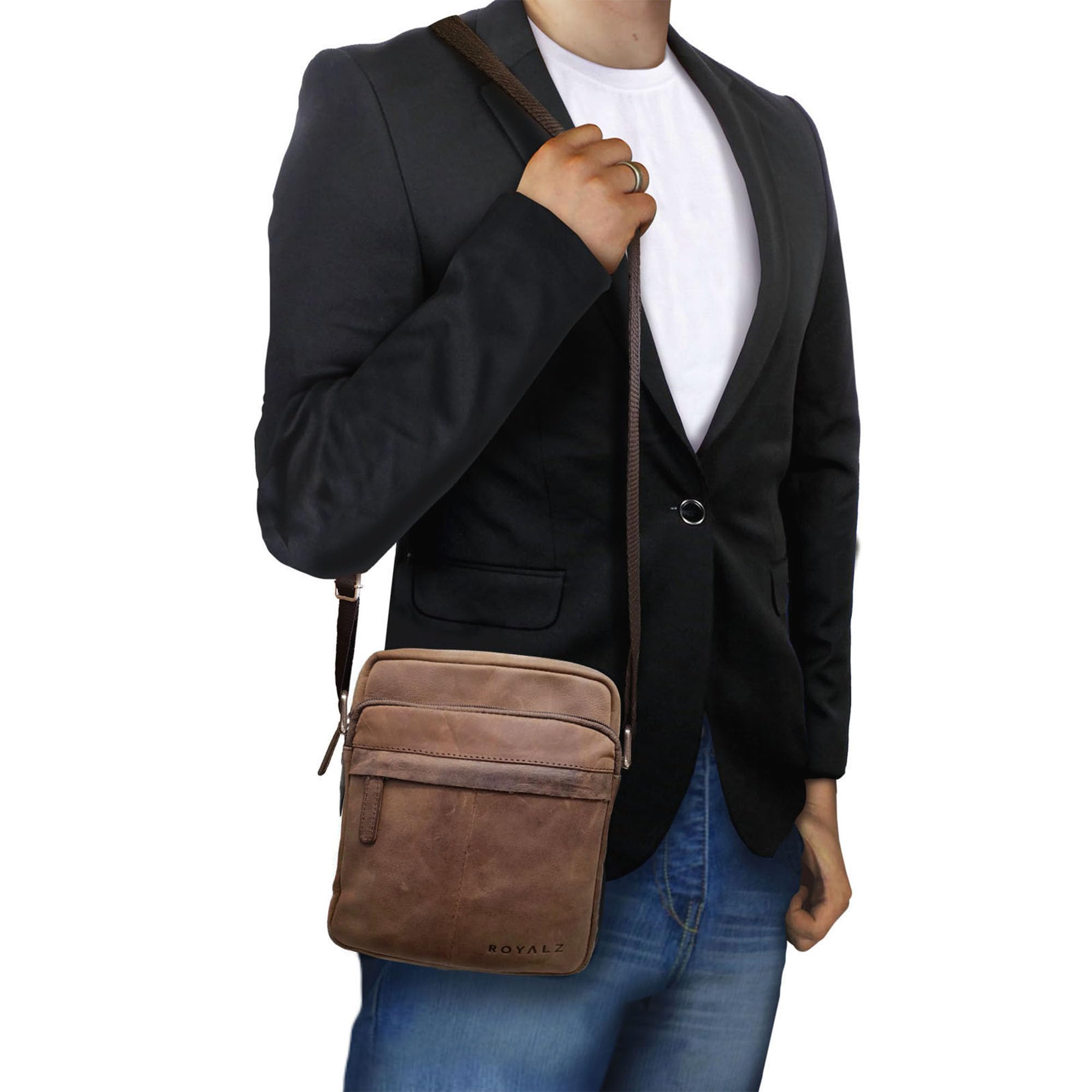 ROYALZ Borsello Tracolla Uomo Piccolo Borsa a Spalla vero Cuoio Vintage di Qualità Vera Pelle