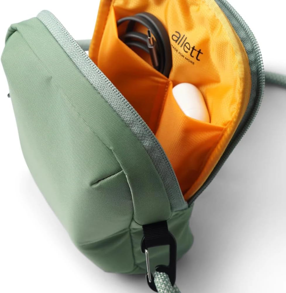 Allett Daily Rope Bag for Men & Women | Lightweight 1.2L Minimal Sling with Adjustable Paracord Strap, Water-Resistant Recycled Nylon, Secure Passport Sleeve, Quick-Access Pocket | Sage Green