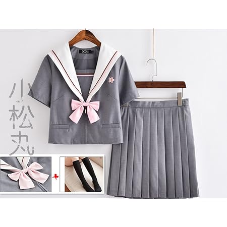 Amazon 小松丸 異色の襟 セーラー服 半袖 桜柄 ベレー帽付き グレー ミニスカート コスプレ Jk制服 5点セット 半袖4点セットa ベレー帽なし M コスプレ 仮装 通販