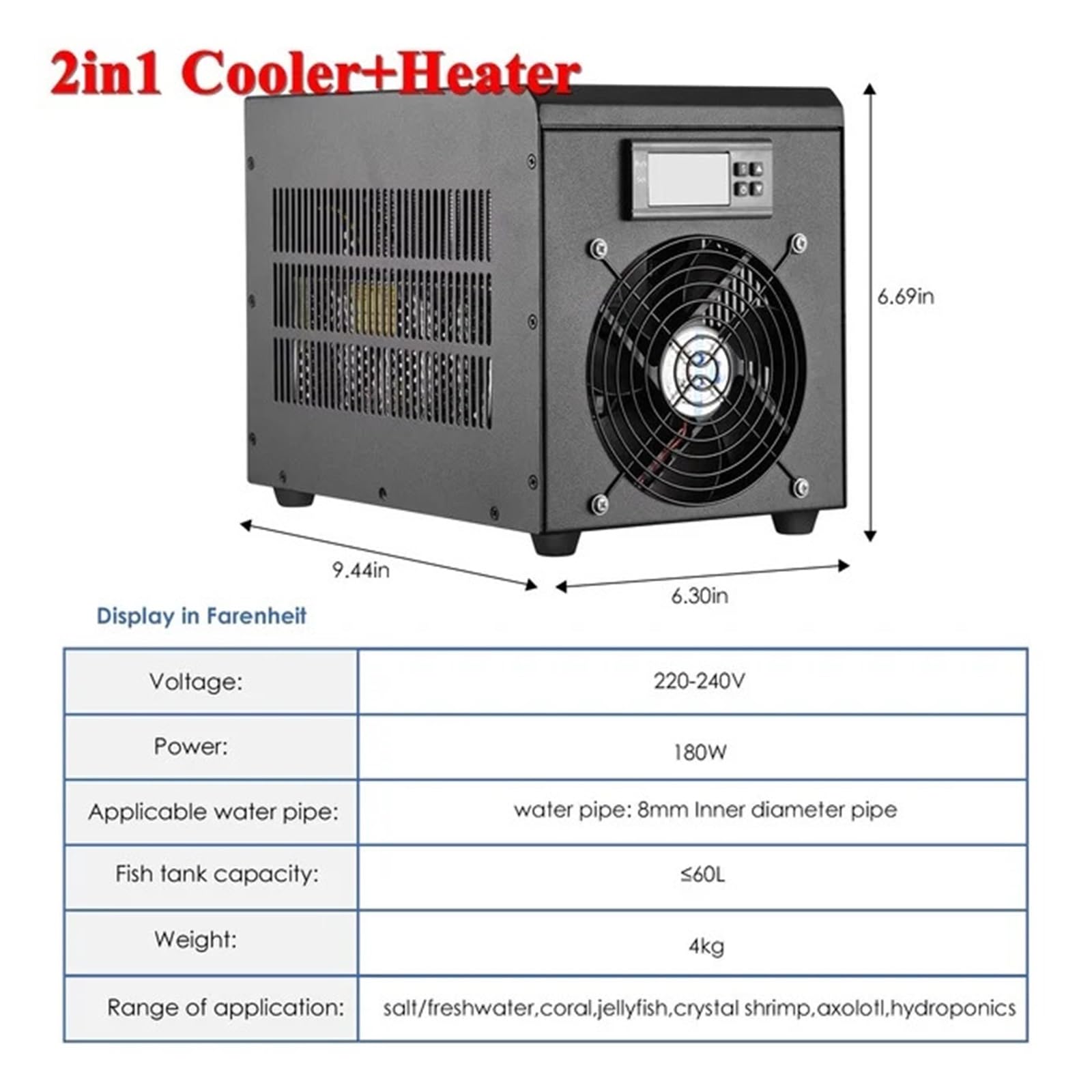 Refrigeratore d'acqua per acquario da 180 W, temperatura regolabile da 10 a 40 ℃ per acquari da 60 litri, ideale per principianti e acquariofili fai da te