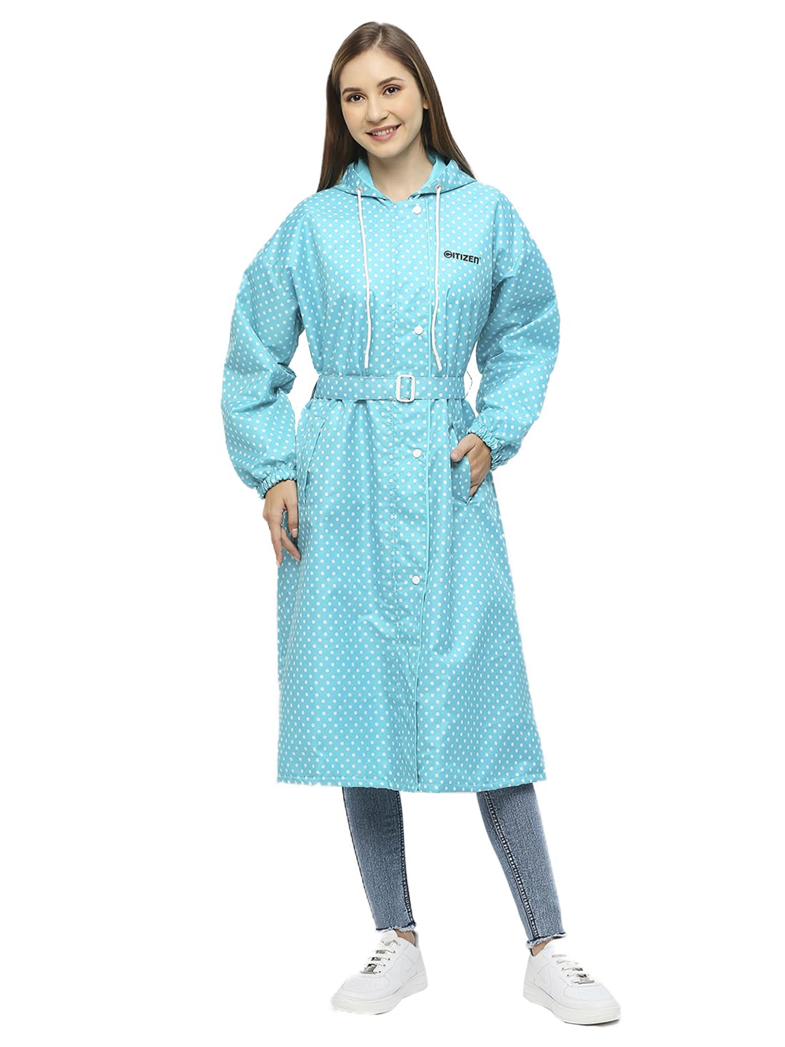Polyester Reversible Casual Style Raincoat For Women With Inbuilt Hood,Waist Belt & Matching Carry Pouch|Stylish Polka Dot Design|Durable & Lightweight Rainsuit With High Tearing Strength