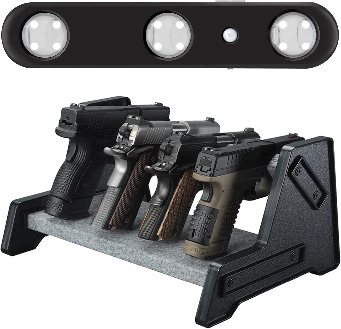 MIND&ACTION Deluxe Pistol Rack (4 Gun Holders) with Motion Sensitive LED Light (1 Pack) for Gun Safes