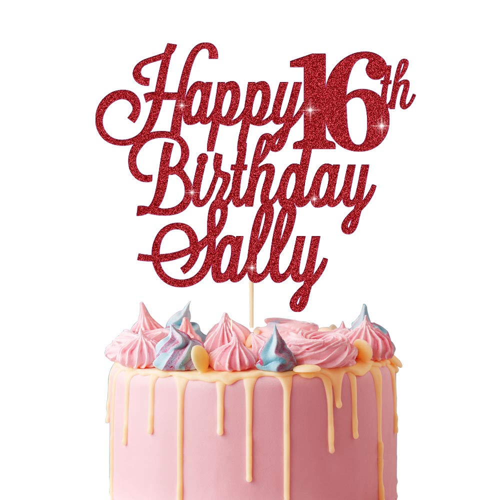 EDSG Personalised Happy Birthday Cake Topper | Custom Cake Decoration with Any Name Age | Multicolour Glitter Cake Topper 16th 18th 21st 30th 40th 60th | Red