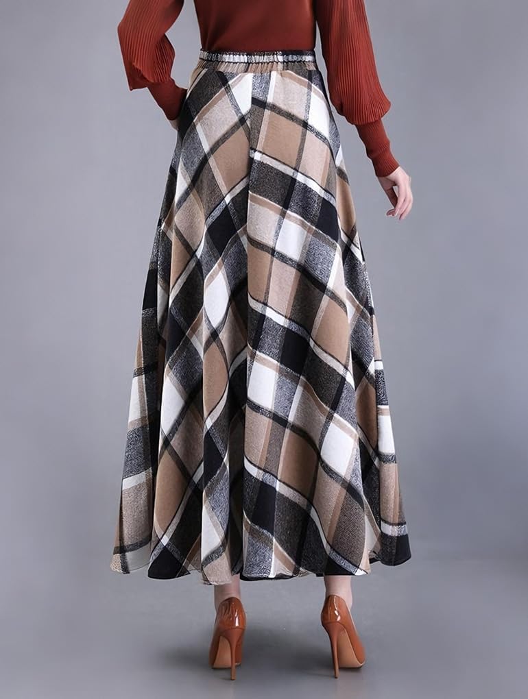Womens Plaid Skirt Long A-Line High Elastic Waisted Skirt Winter Vintage Tartan Skirts with Pockets - Image 5