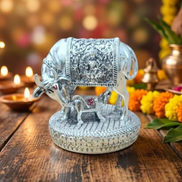 Image of ARNAVIRA 999 Silver Plated Antique Vastu Kamdhenu Cow with Calf Idol with Lakshmi Remedy for Wedding & Housewarming Gift | Pooja Room Height 2.5 Inch
