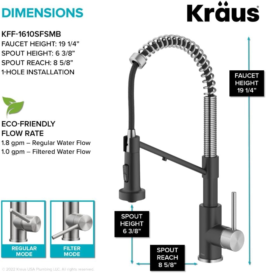 KRAUS Bolden 2-in-1 Commercial Style Pull Down Single Handle Water Filter Kitchen Faucet for Reverse Osmosis or Water Filtration System in Spot-Free Stainless Steel/Matte Black, KFF-1610SFSMB