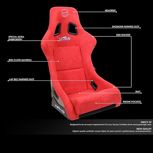 Vista 50 de NRG Innovations NRG-FRP-303RD-ULTRA Asiento universal de carreras con respaldo fijo con adaptadores de montaje lateral para arneses de 6 puntos