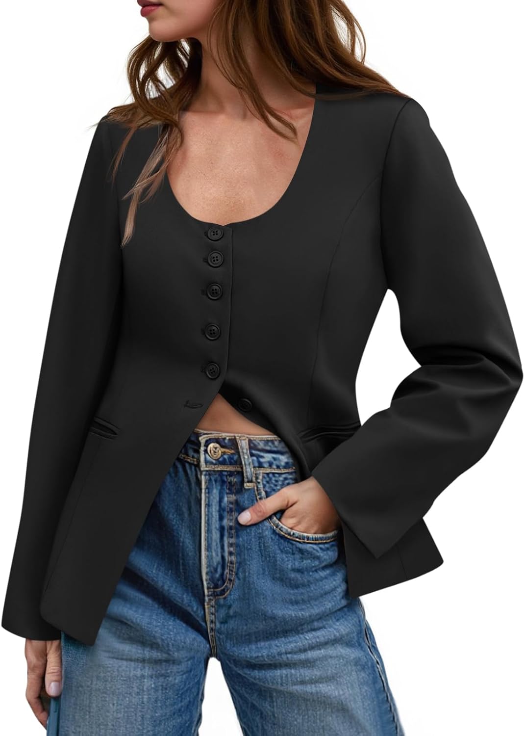 Cicy Bell Womens Business Work Casual Blazers Button Down Scoop Neck Split Hem Fitted Suit Jackets