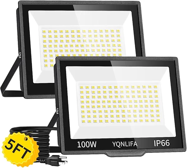 LED Flood Lights Outdoor, 2 Pack 100W Plug in Bright LED Work Light with 5FT Cord Plug, 12000LM Exterior Floodlight IP66 Waterproof 5000K Outdoor Flood Light for Stadium Garage Yard Lawn Garden