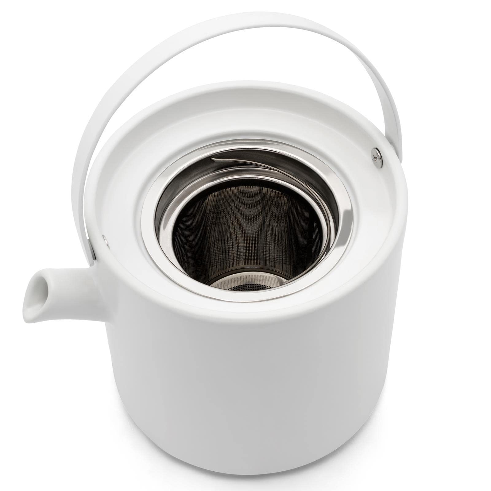 Bredemeijer Teekannen Set - weiße Keramik-Kanne 1.2 Liter & Tee-Filter Sieb-Einsatz für losen Tee & Stövchen & 2 Steingut Teebecher - 6-tlg.