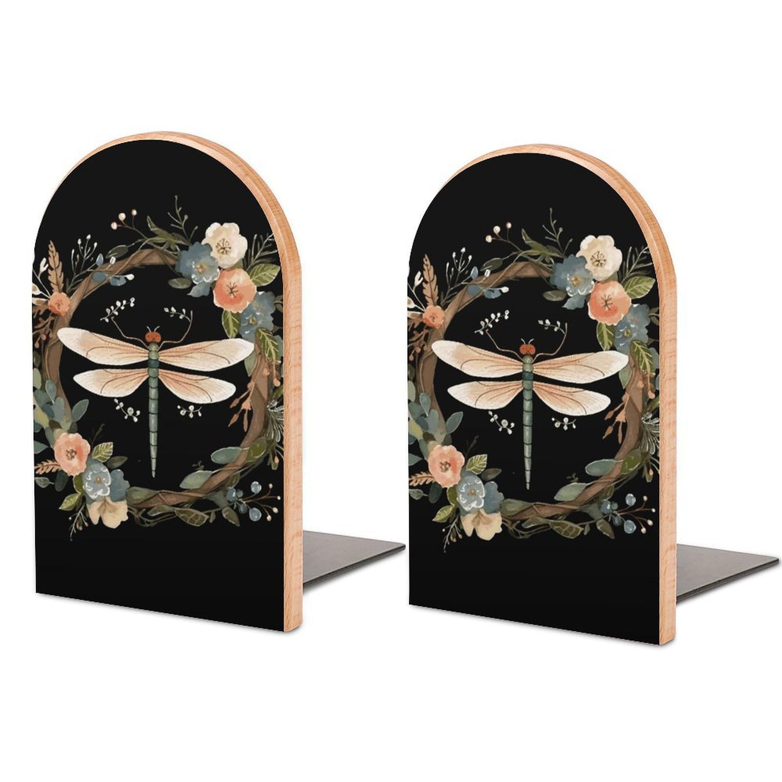 Image of Dragonfly in Wreath Bookend Modern Bookends for Shelves Non-Skid Book Holder Heavy Duty Metal Book Storage for Books CDs Decorative Book Stopper for Home