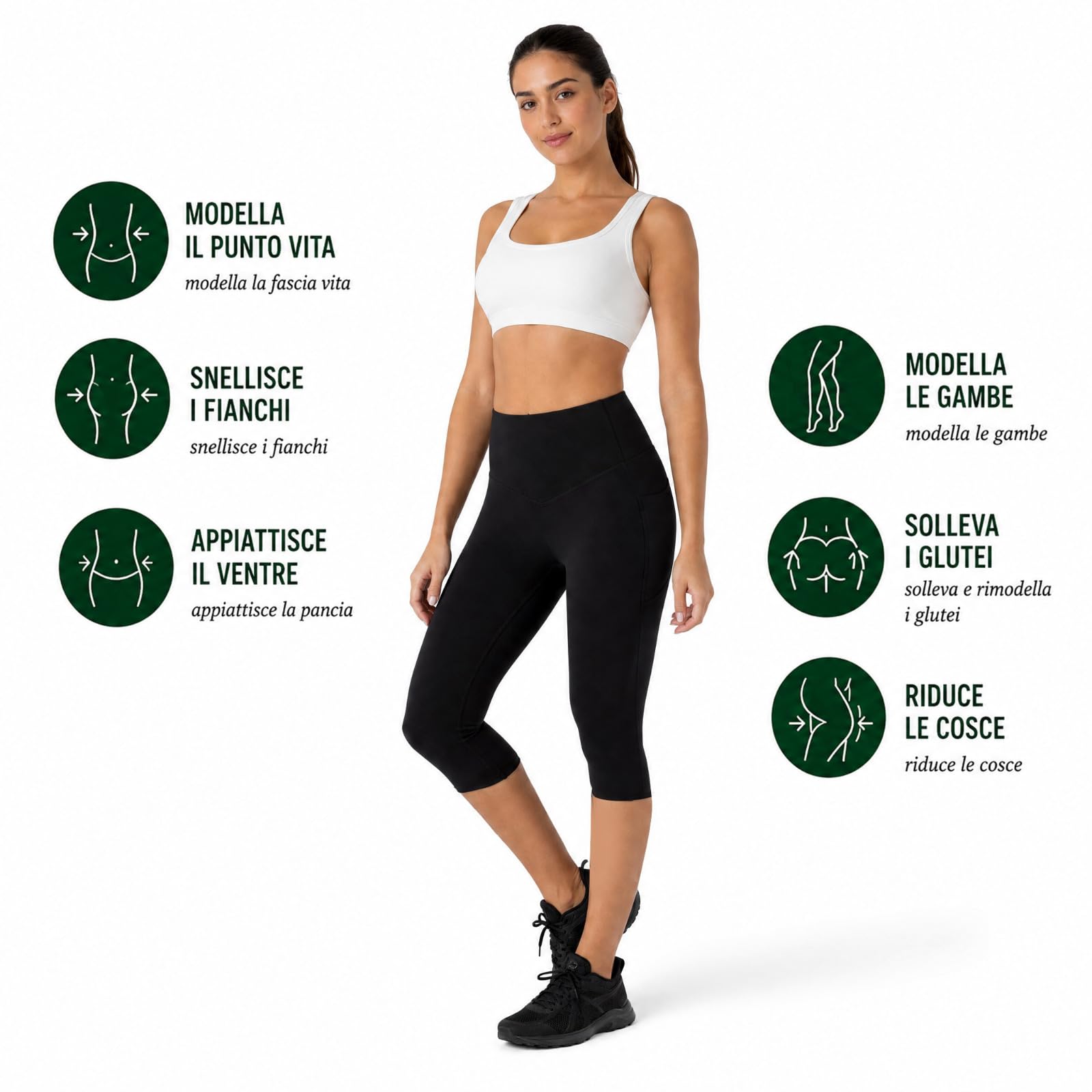 Generico Capri Push-Up Donna Nero, Leggings Modellanti Vita Alta, Pantalone Capri Elasticizzato 92% Poliammide 8% Elastan, Effetto Contenitivo, Made in Italy, Taglie S M L