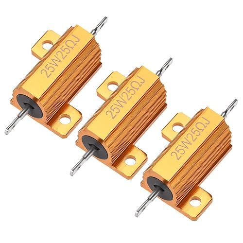 uxcell Resistencia de caja de aluminio de 25 W, 25 ohmios, 5%, roscado de rosca, resistencias de carga enrolladas montadas en chasis, tono dorado, 3