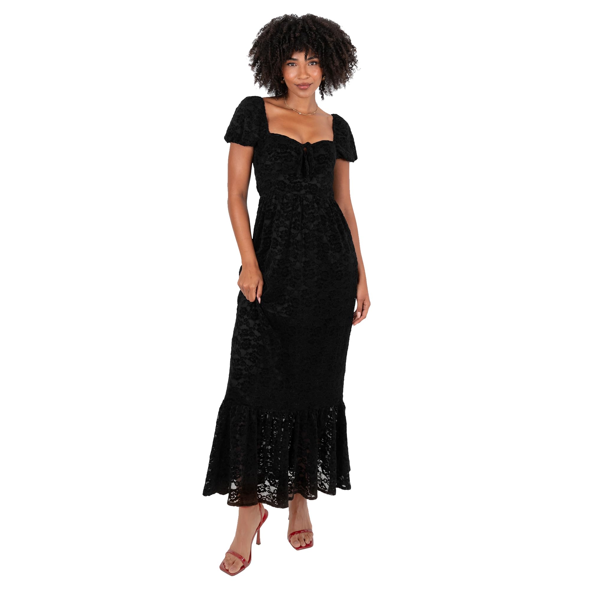 Lovedrobe Womens Black Lace Evening Maxi Dress, Elegant Short Sleeve Tie Neck Occasion Dress Size 24