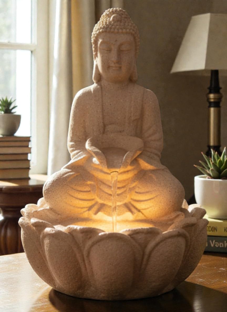Big Lotus Buddha Waterfall Fountain Beige Finish Idol | Zen Buddha LED Lighting Motor Fountain Showpiece - 15 Inch-image-31