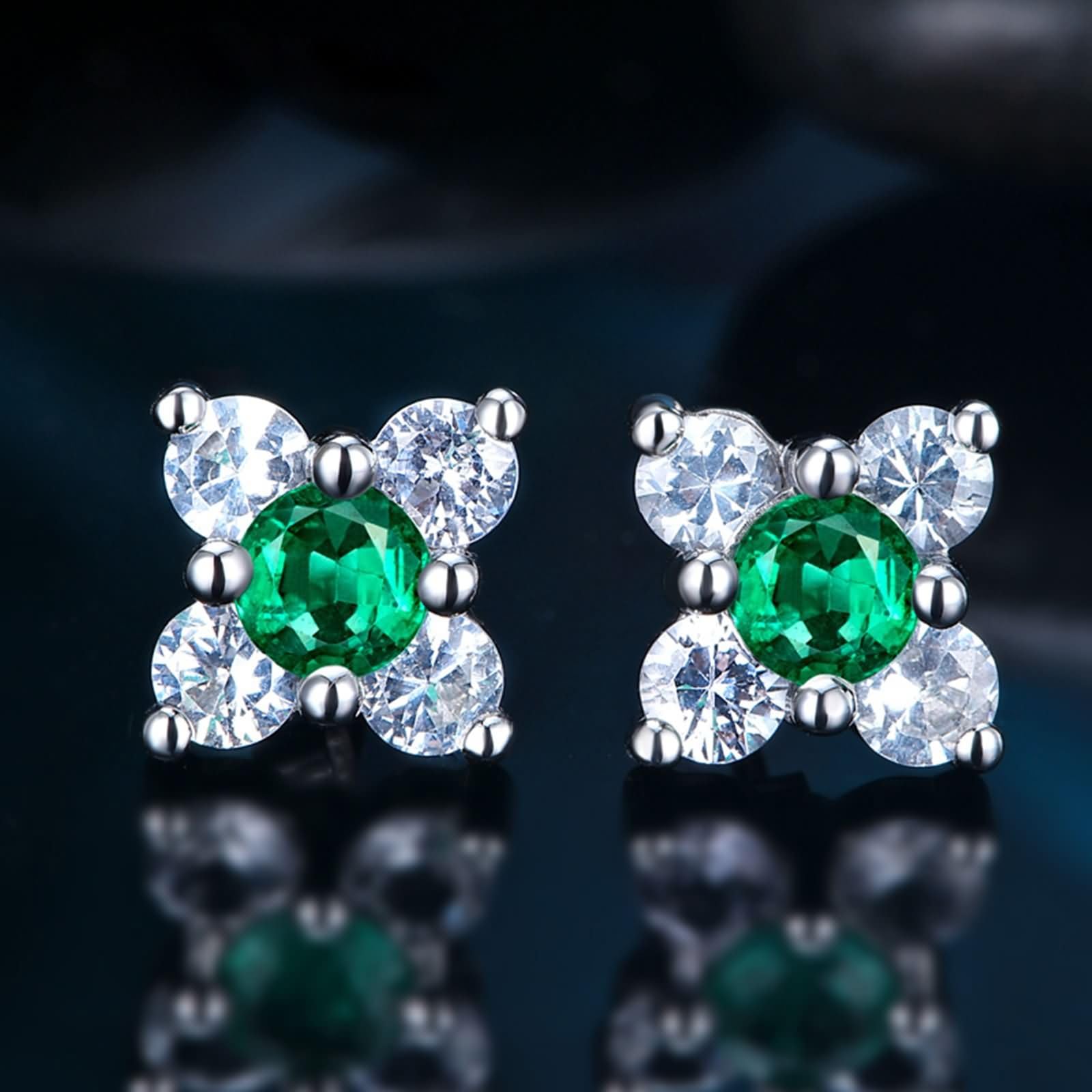 9K / 14K / 18 Karat Weißgold Ohrringe Damen für Hochzeit, Rund mit Smaragd 0,35 Karat und Diamant, Damen Hochzeit Ohrringe Silber Grün