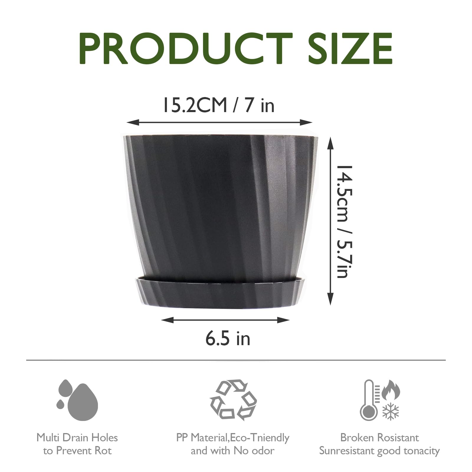 MUAEEOK 18CM 6 Pack Plant Pots Indoor Plastic Planters with Drainage Holes and Saucers for Indoor Outdoor House Plants and Flowers Modern Decorative Planter Pot for All House Plants (Black) - Image 2