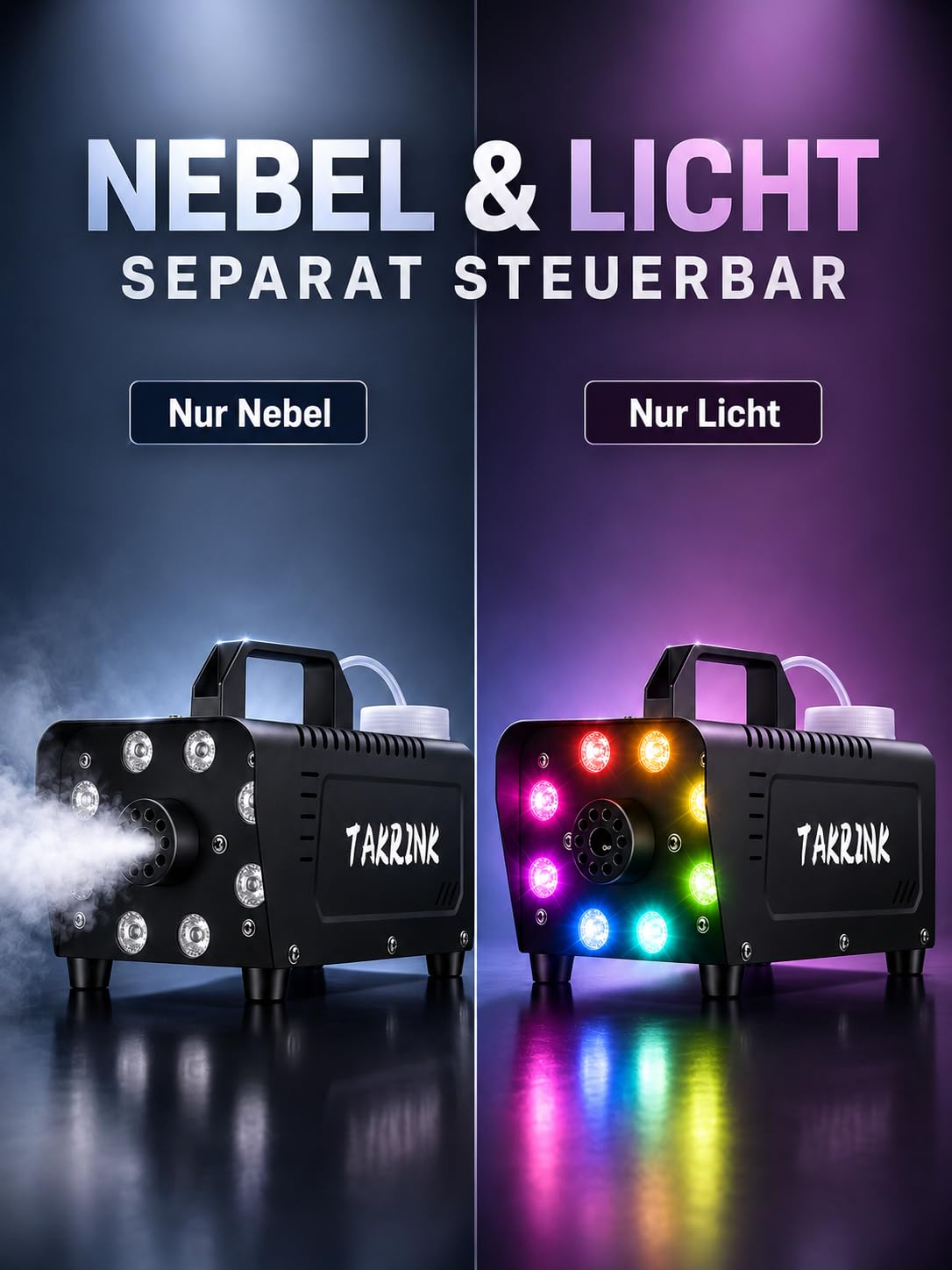 TAKRINK 900W Nebelmaschine Rauchmaschine Nebel Maschine 16 Farben RGB Lichteffekt Mini Nebelmaschine mit Fernbedienung für DJ Disco Party, Hochzeiten, Halloween und Bühnenshows(Standard) | 8 LED RGB 16 Farben Rauch Effekt Licht 0,3 L Tank und Fernbedienun