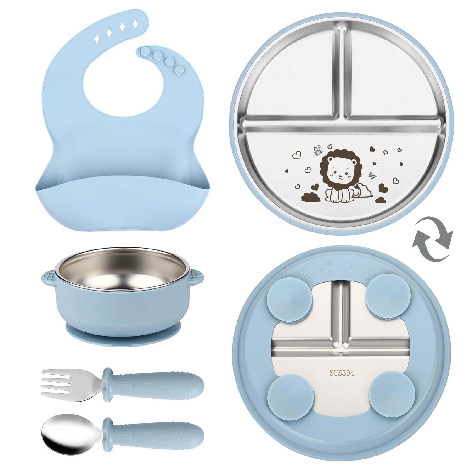 OXYEFEI Edelstahl Teller Baby,Kindergeschirr Set mit Tiermotiven Baby Teller mit Saugnapf Geburtstagsgeschenke für Babys, Taufgeschenke (Blau, Löwe)