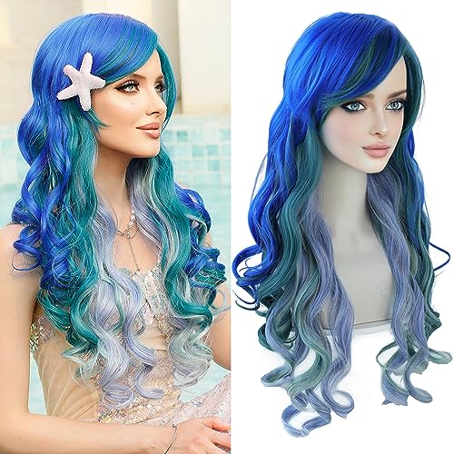 7JHH WIGS Long Wavy Costume Wigs Cosplay Mermaid wig for Women Halloween Party Used High Temperature Heat Resistant Fiber Natural Hairline Cos I Love Lucy Wig (28in Blue Purple Mermaid Ombre Wig)