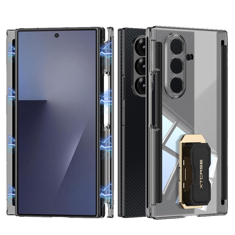 Coque Samsung Z Fold transparente avec support de bracelet rotatif et double axe central noir