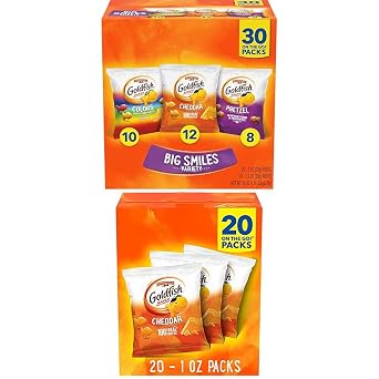 Goldfish Crackers Big Smiles Variety Pack with Cheddar, Colors, and Pretzels, Snack Packs, 30 Ct and Goldfish Cheddar Cheese Crackers, Baked Snack Crackers, 1 oz On-the-Go Snack Packs, 20 Count Box