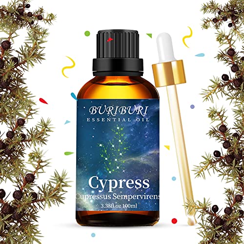 Image of BURIBURI 100ML Cypress Essential Oil, 100% Pure Undiluted Aromatherapy Cypress Oil 3.38fl.oz for Soap, Candle Making, Massage, Diffuser, Humidifier