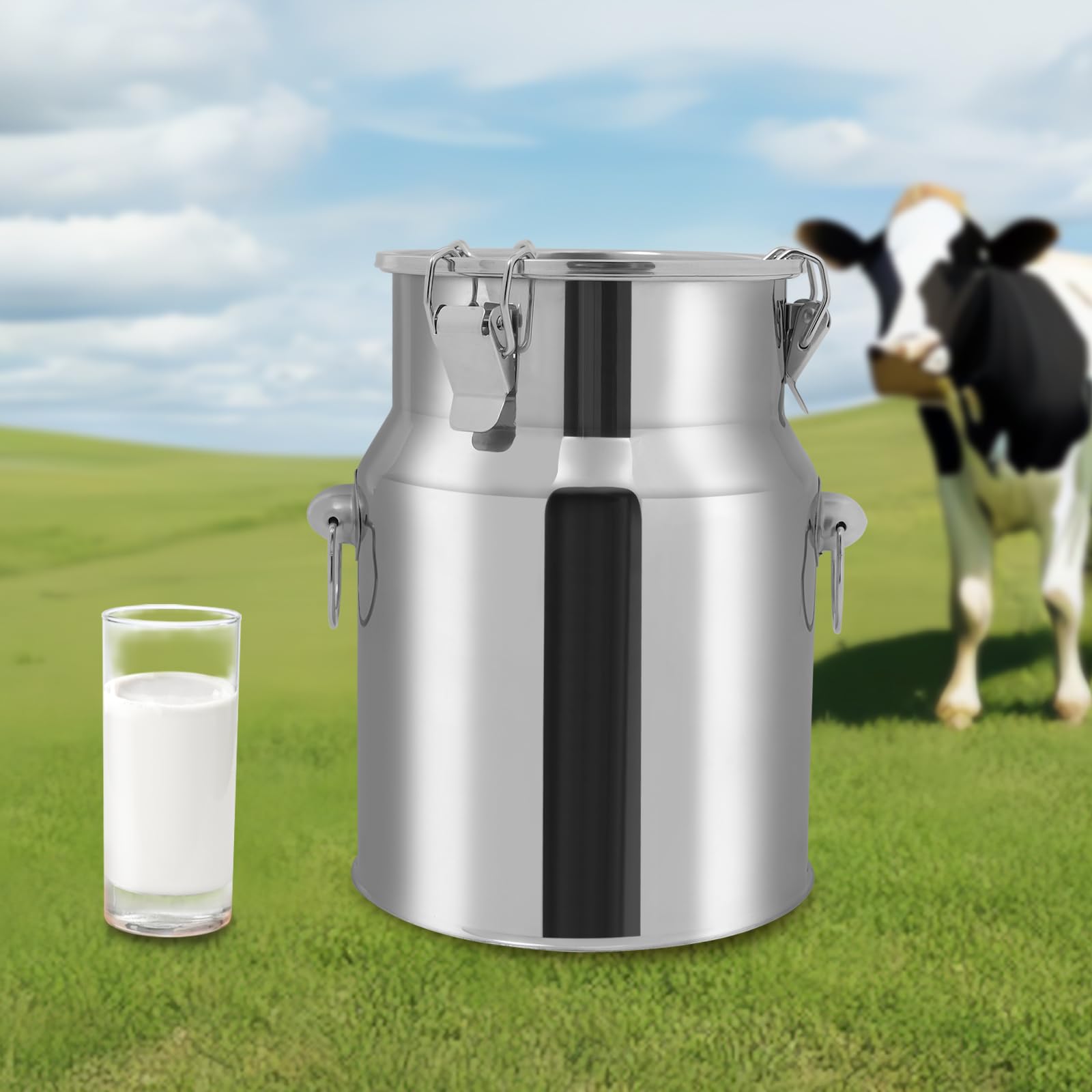 Bricco per latte da 5 l, senza rubinetto, chiusura ermetica, con coperchio ribaltabile, doppio manico, contenitore in metallo per alimenti, latte, olio, cereali, stoccaggio, trasporto, casa