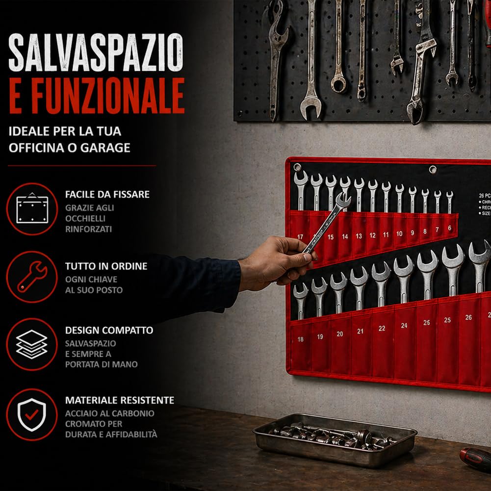 BAKAJI Set Chiavi Combinate 25pz Fisse e Stella 6-32mm in Acciaio al Carbonio con Astuccio in Tessuto